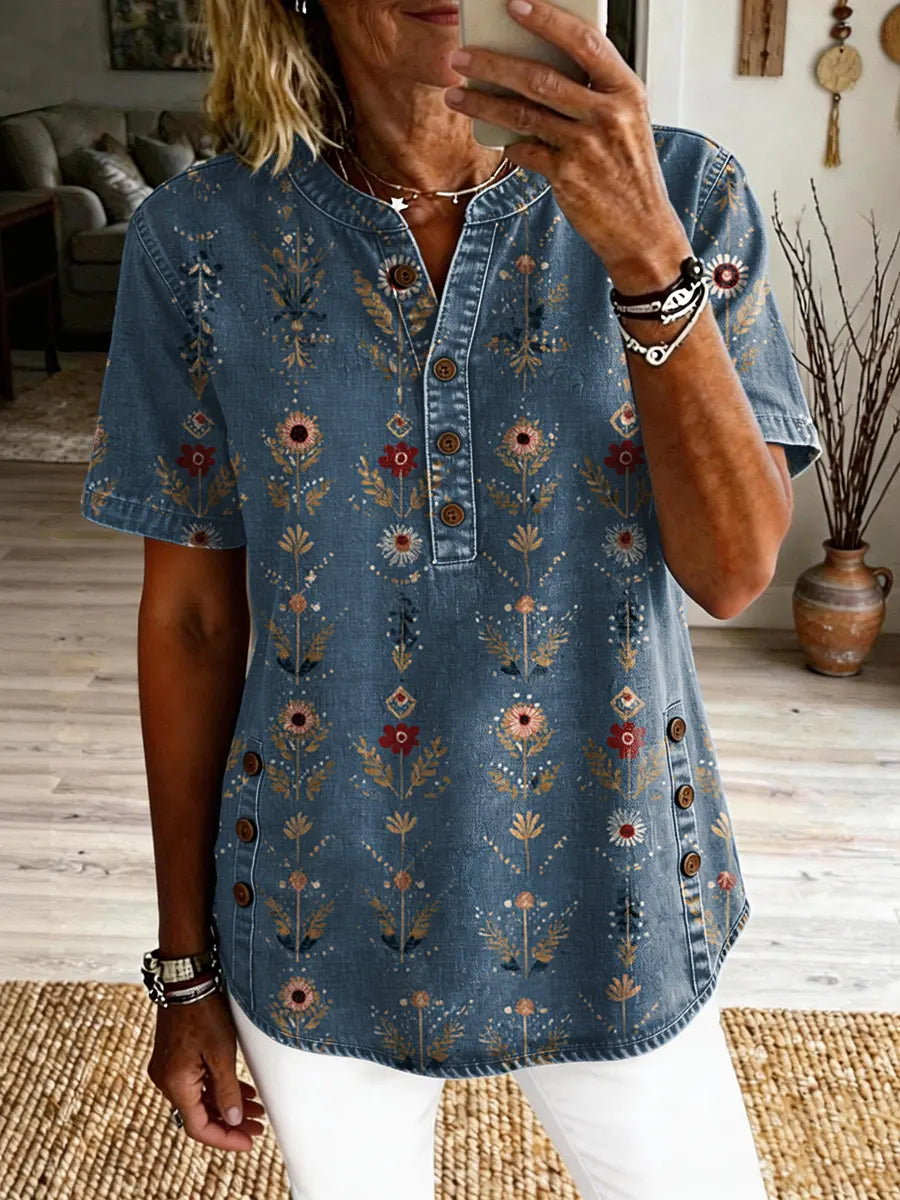 Women's Vintage Floral Art Print Casual Short-sleeve Washed Shirt