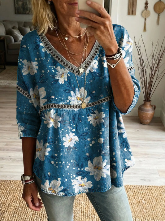 Women's Floral Pattern Art Print Casual V-neck Lace-up Top
