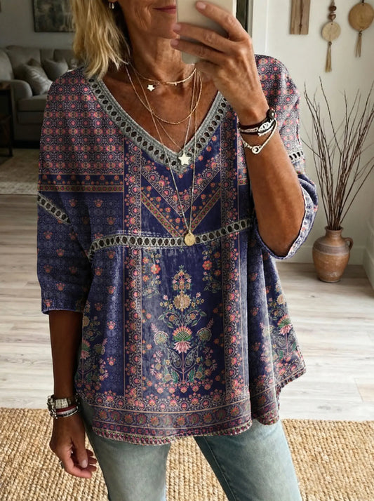 Women's Floral Pattern Art Print Casual V-neck Lace-up Top