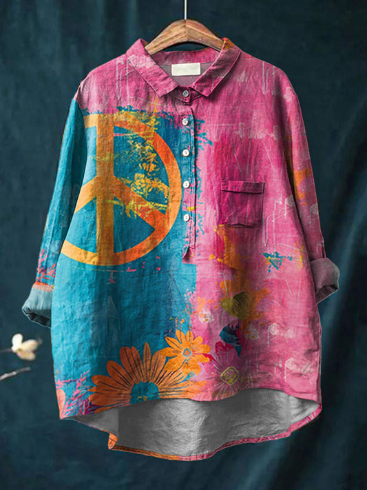 Women's Vintage Love And Peace Flower Art Print Casual Cotton And Linen Shirt