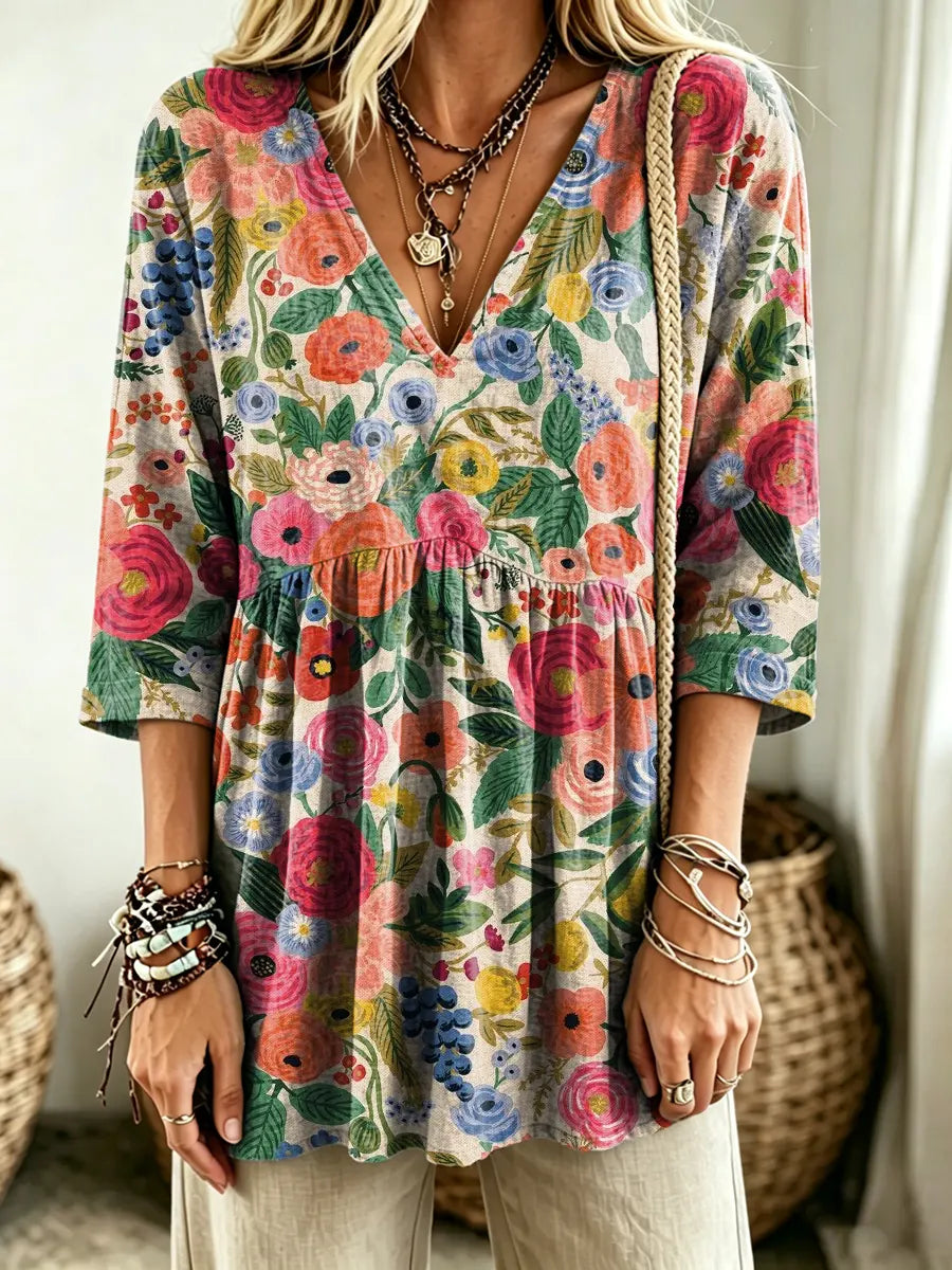 Women's Vibrant Watercolor Floral Print V-Neck Casual Blouse
