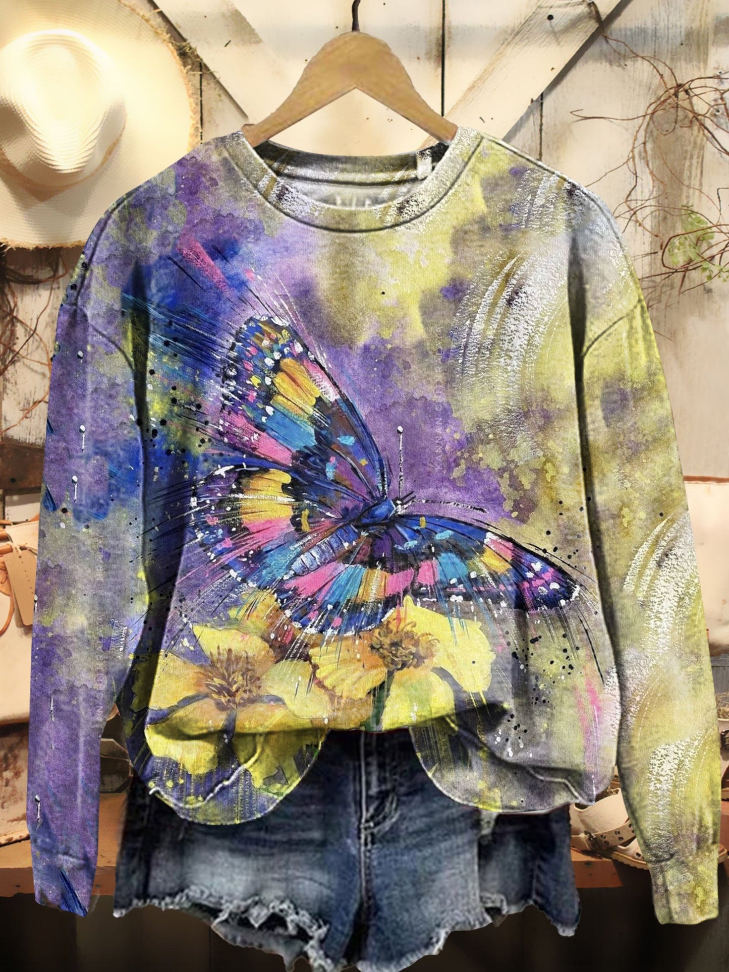 Tie-dye Multicolor Butterfly Floral Pattern Art Print Sweatshirt