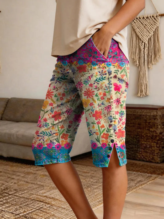 Women's Bohemian Colorful Floral Art Print Casual Denim Shorts