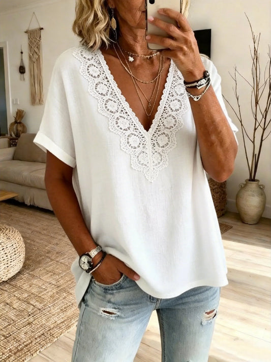 Women's V-Neck Lace-Paneled Top