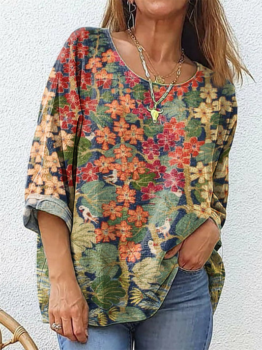 Women's Vintage Folk Floral Art Print Casual Crew Neck Cotton And Linen Shirt