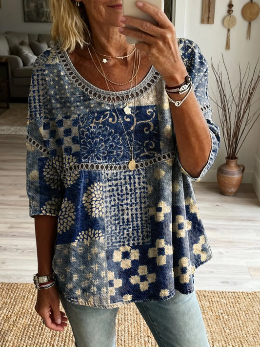 Ethnicity Geometry Patchwork Flowers Women's Vintage Art Print Casual Round Neck Cutout Top