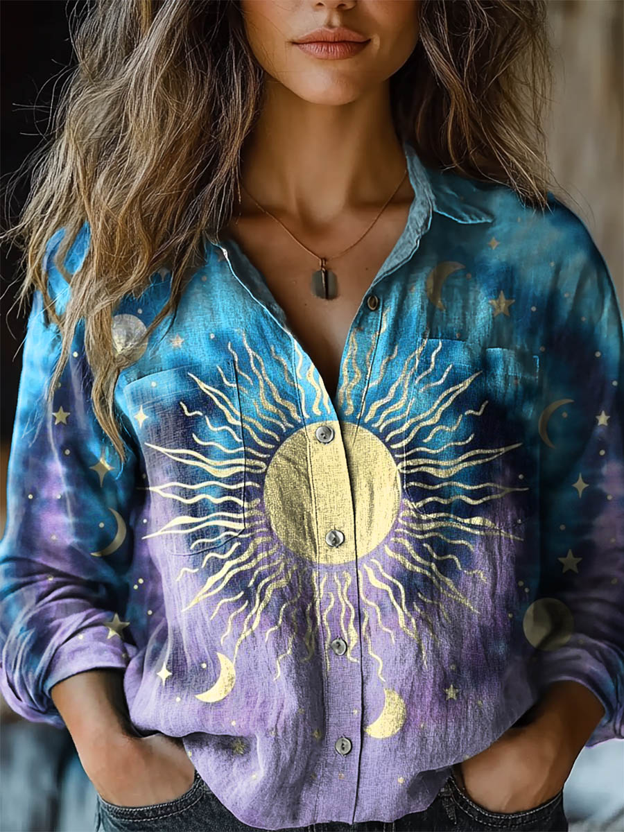 Women's Star Tie Dye Print Casual Long Sleeve Comfortable Cotton Shirt