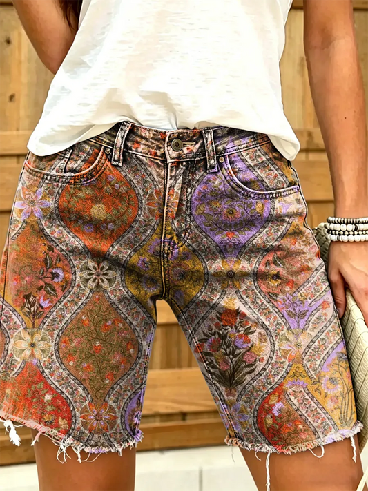 Women's Vintage Floral Print Denim Shorts