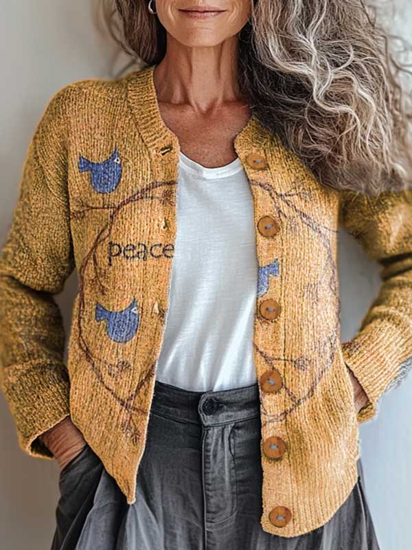 Retro Hippie Peace Sign Love and Peace Print Buttoned Cardigan Sweater