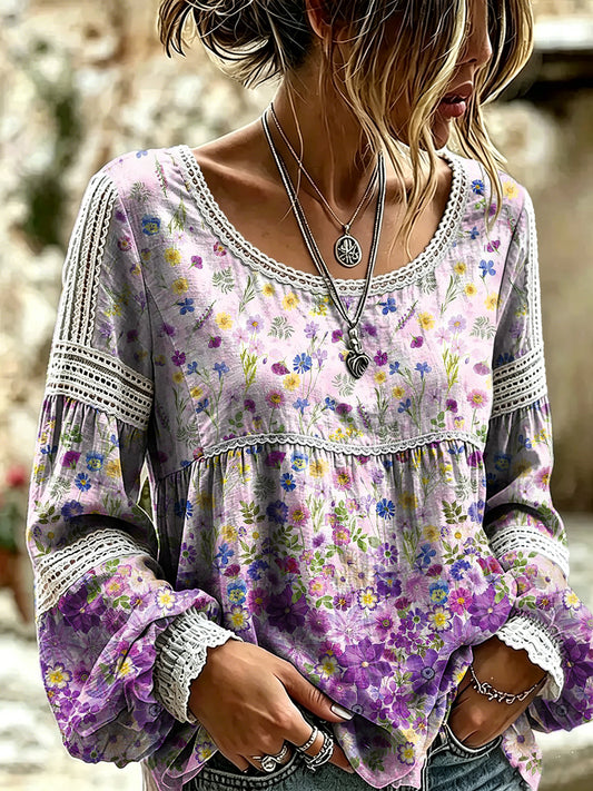 Women's Retro Floral Art Print Casual Long-sleeved Round Neck Lace Cotton Shirt