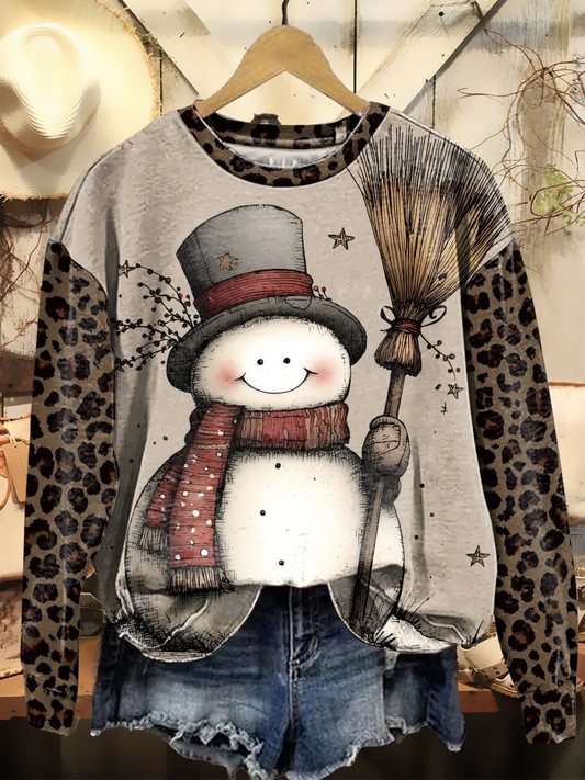 Retro Christmas Snowman Leopard Vintage Art Print Sweatshirt