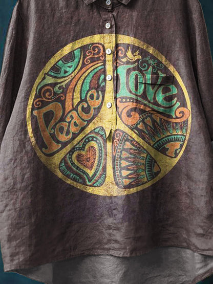 Vintage Peace And Love Art Print Casual Cotton And Linen Shirt