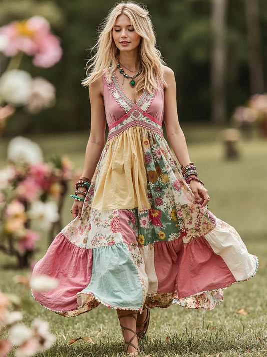 Women Vintage Pink Floral Patch Art V Neck Linen Maxi Dress