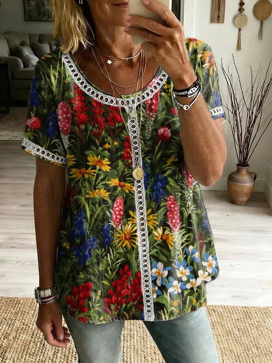 Women's Floral Art Print Round Neck Short Sleeve Hollow-Out Shirt