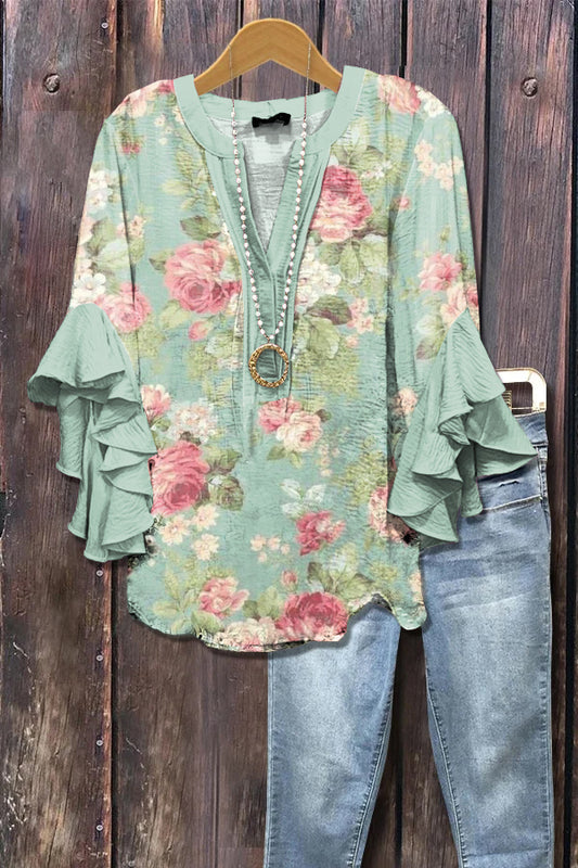 Elegant Floral Print Ruffle Sleeve Top