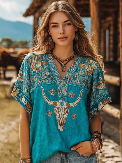 Western Bull Skull & Flowers Embroidered Turquoise Linen Shirt