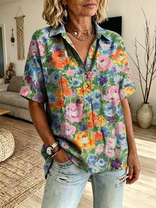Women's Colorful Floral Art Print Short-sleeve Henley Shirt With Lapel Collar