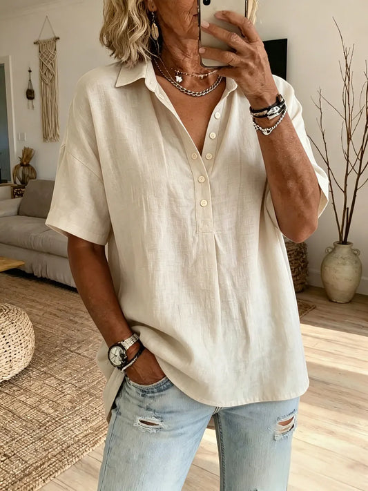 Women's Casual Short-Sleeve Cotton-Linen Shirt
