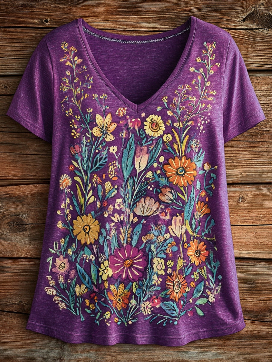 Women's Folk Flower Art Print V-neck Casual T-Shirt