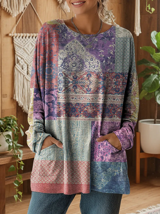 National Purple Geometry Patchwork Women's Print Casual Long Sleeve T-shirt