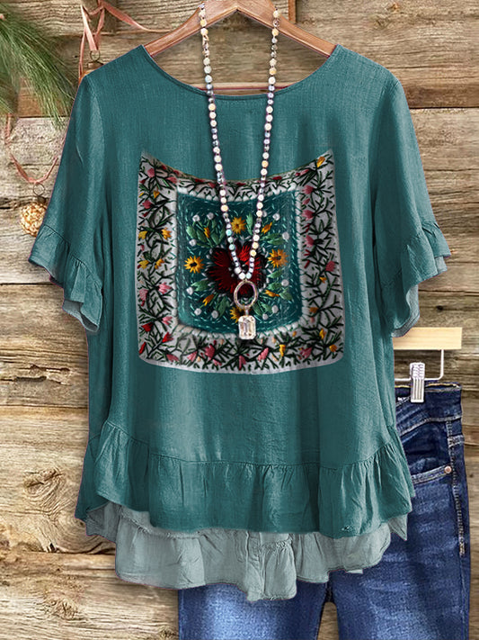 Women's Vintage Floral Art Print Casual Short Sleeve Cotton And Linen Shirt