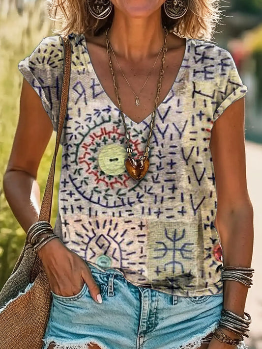 Patchwork Art Print 100% Cotton V-Neck T-Shirt