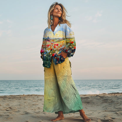 Cozy Hippie Oversized Linen Long Sleeve Shirt and Wide Leg Pants 6323