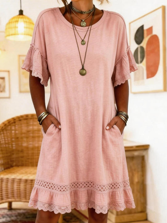 Women's Casual Short-sleeved Round Neck Lace Cotton Linen Short Dress