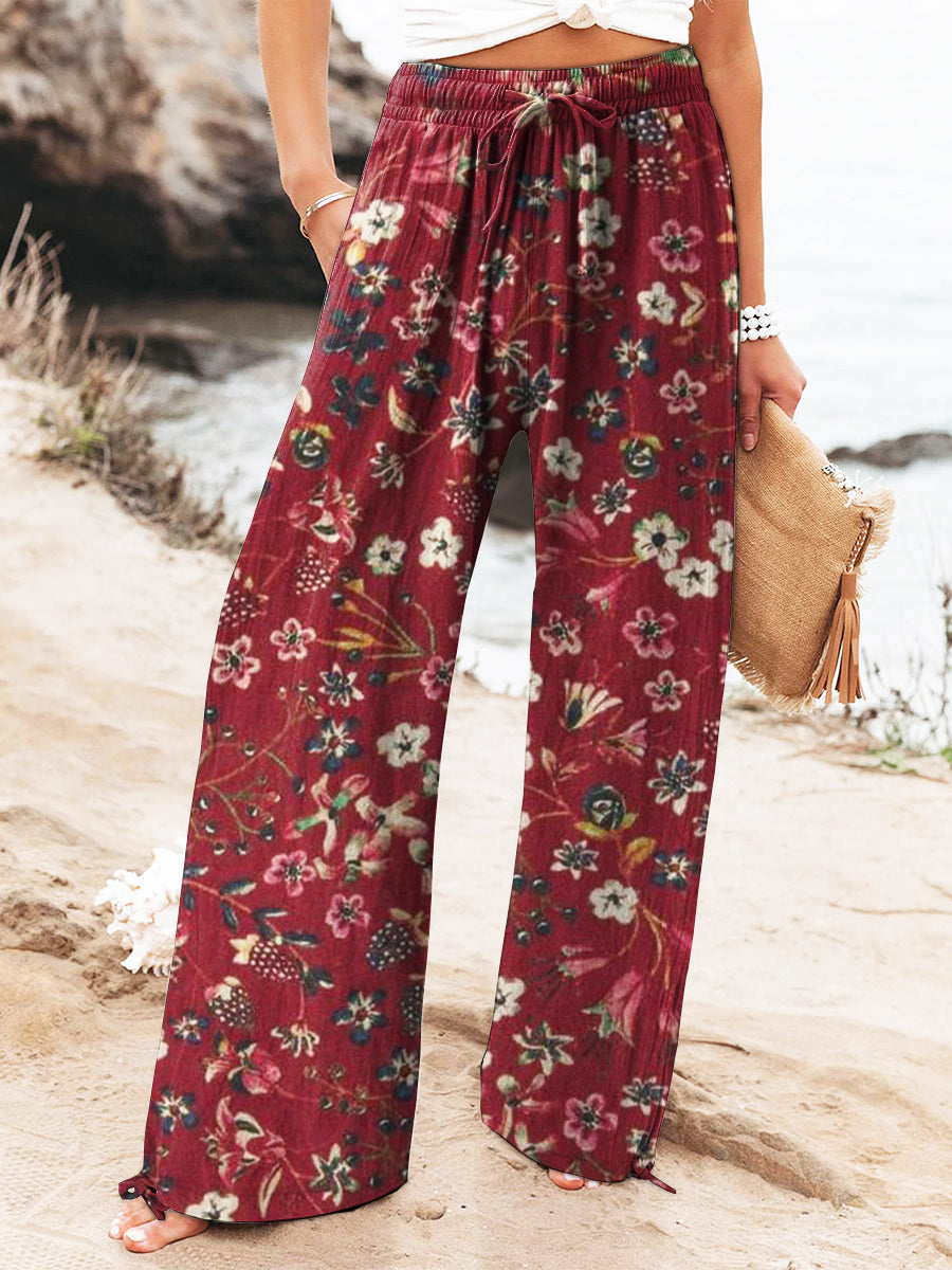 Women's Vintage Floral Art Printed Cotton And Linen Casual Pants