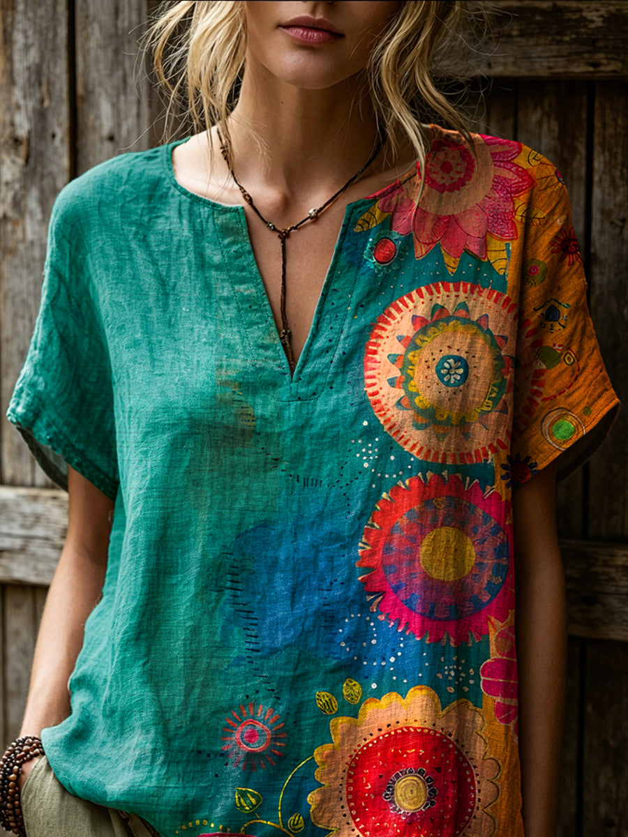 Women's Retro Colorful Ethnic Floral Art Print Casual Short-sleeve V-neck Cotton Linen Shirt