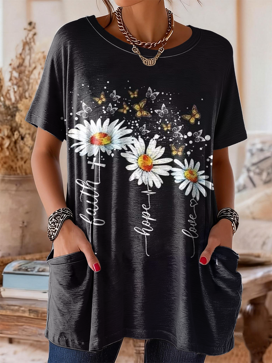 Women's Retro Peace And Love Floral Print Casual Short-sleeve Crew Neck Pocket Cotton T-shirt