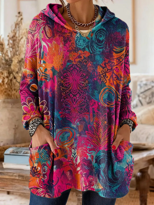 Women's Vibrant Floral Print Artistic Casual Knit Hoodie With Pockets