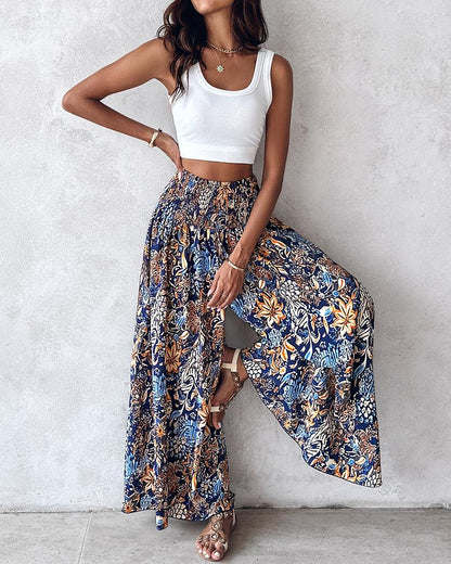 Tribal Print Shirred Wide Leg Pants