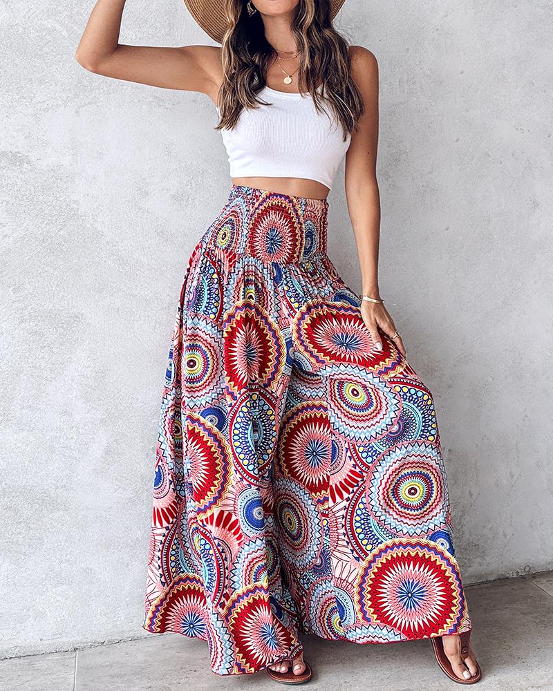 Tribal Print Shirred Wide Leg Pants