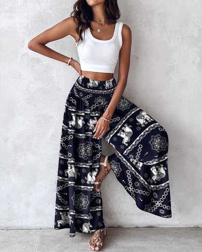 Tribal Print Shirred Wide Leg Pants