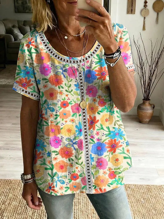 Women's Watercolor Floral Art Print Round Neck Short Sleeve Hollow-Out Shirt