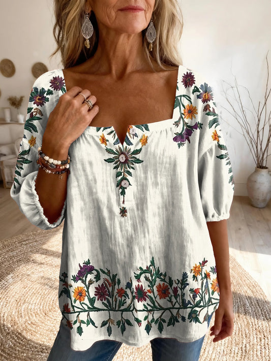 Ethnicity Bohemian Style Flowers Women's Vintage Art Print Casual Square-neck Top