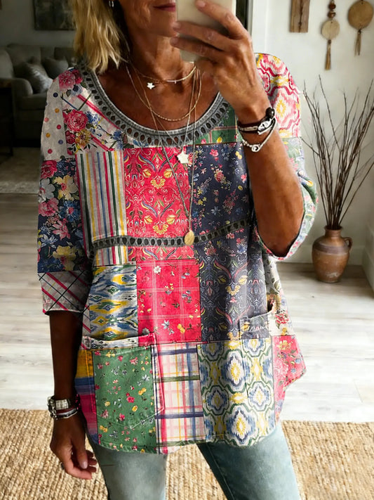 Women's Retro Colorful Floral Patchwork Art Print Casual Crew Neck Top with Cutout Pockets