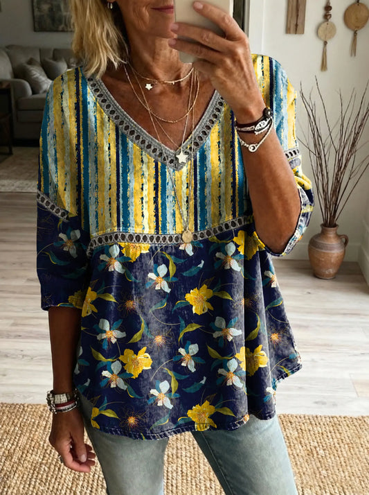 Women's Floral Pattern Art Print Casual V-neck Lace-up Top