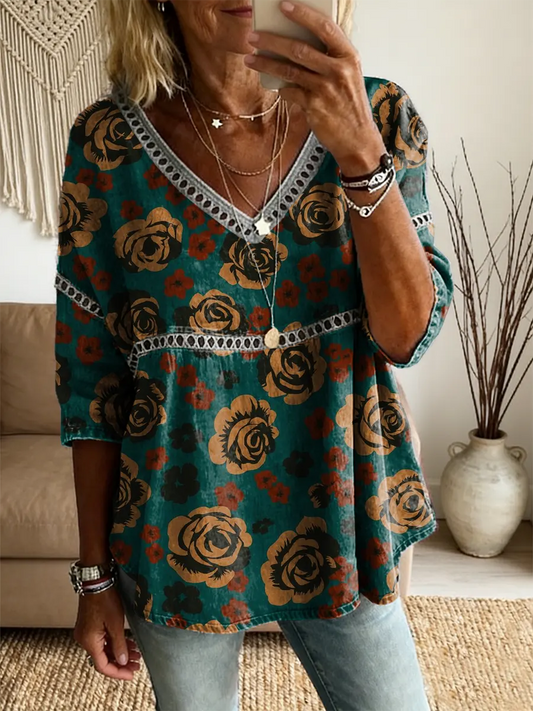 Women's Floral Art Print V-Neck Lace Shirt