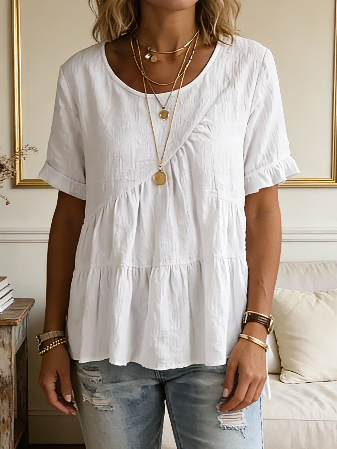 Women's Casual Round Neck Pleated Cotton And Linen Shirt
