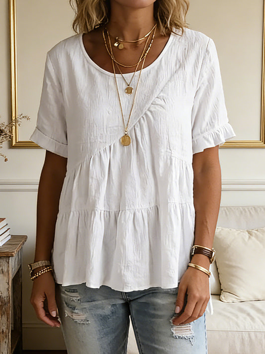 Women's Casual Round Neck Pleated Cotton And Linen Shirt