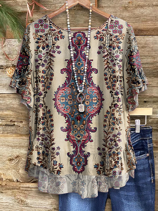 Women's Floral Pattern Art Print Casual Cotton Linen Short Sleeve Shirt
