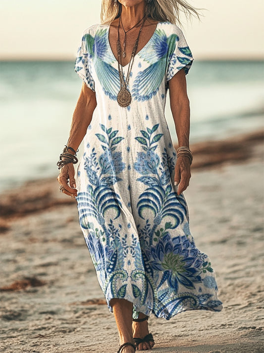 Women's Folk Symmetrical Floral Print Short Sleeve Pocket Cotton Linen Dress