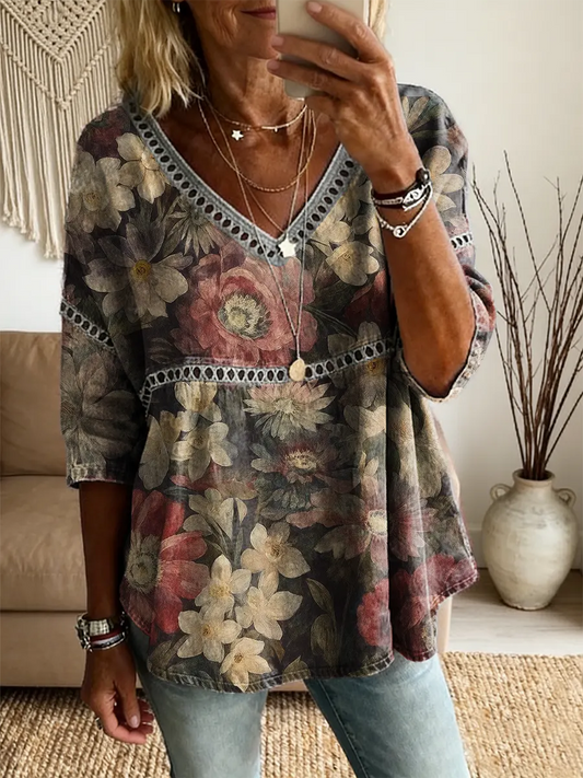 Women's Retro Floral Art Print V-Neck Lace Shirt