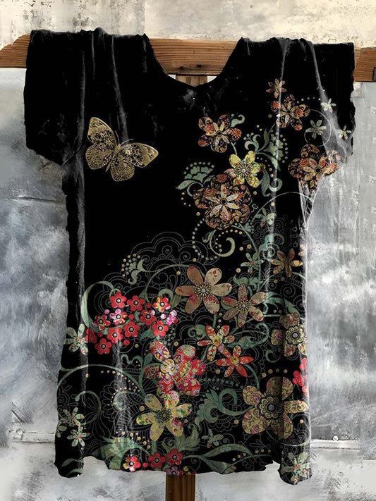 Women's Butterfly Floral Art Print Cotton Crew Neck Sweatshirt