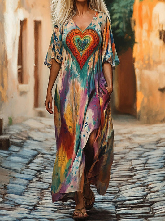Women's Vintage Tie-Dye Heart Art Pattern Print Pocket Cotton Dress