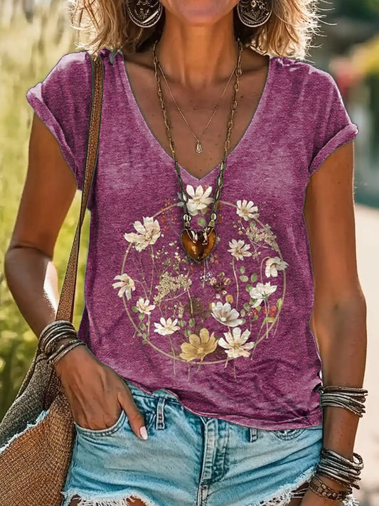 Floral Art Print 100% Cotton V-Neck T-Shirt