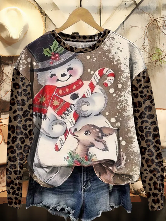 Christmas Patchwork Leopard Snowman Vintage Art Print Sweatshirt