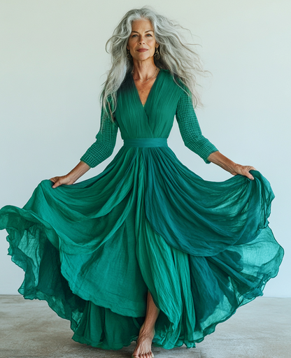 Vintage loose color contrast green color swing dress  e7be